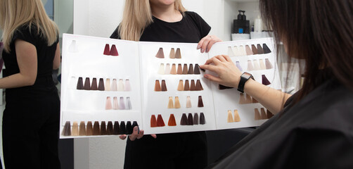 A woman choosing color hair from palette at hairdressing salon.