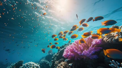 A vibrant underwater scene featuring a school of colorful fish swimming around a coral reef with sunlight filtering through the water.