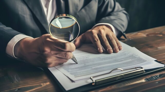 Close-up of a business professional examining documents with a magnifying glass at a wooden desk.