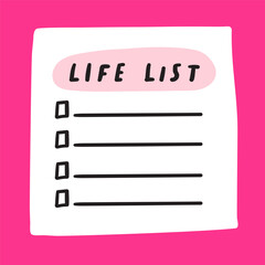 Life list. To do list. Vector design. Hand drawn illustration on red background.