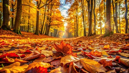 Vibrant fallen leaves covering the ground in a forest during autumn , nature, seasonal, foliage, autumn, fallen, ground