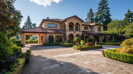 Naklejka premium Luxury house with beautiful landscaping on a sunny day. Home exterior