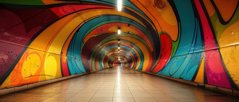 Graffiticovered underpass with intricate designs and bold colors, urban scene rich in detail and artistic expression