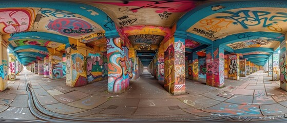 Fototapeta premium Graffiticovered underpass with intricate designs and bold colors, urban scene rich in detail and artistic expression
