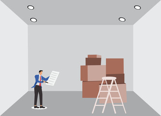 Businessman check package illustration, logistic fast online delivery concept, quality control of cardboard parcel boxes in warehouse factory concept