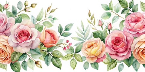 Watercolor roses and leaves digitally rendered, watercolor, roses, leaves, digital, rendering, art, floral, vibrant