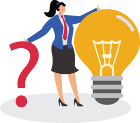 Businesswoman bring big light bulb idea for new product idea or business opportunity, finding new idea, creativity or innovation to create new product, solution to solve problem or fix mistake