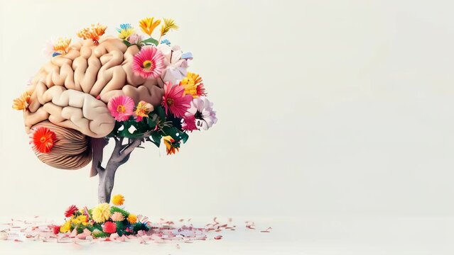 A human brain growing as a tree with flowers. Mental health, creative mind and positive thinking concept.