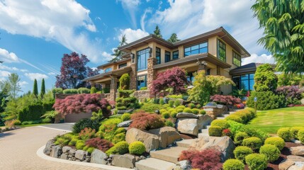 Luxury house with beautiful landscaping on a sunny day. Home exterior