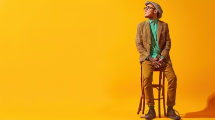Man in modern outfit with hipster glasses and blue suit, creative animal billboard, pastel yellow background with copyright space.