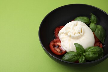 Delicious burrata cheese, tomatoes and basil in bowl on green table, closeup. Space for text