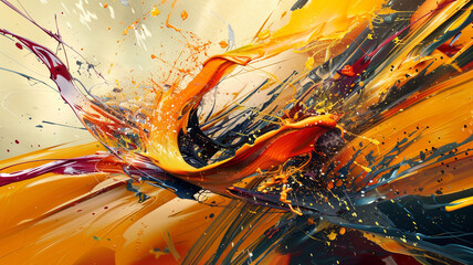a composition with dynamic, overlapping shapes and splashes of paint that suggest spontaneous movement
