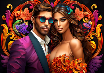A man and woman are standing in front of a colorful background. The man is wearing a suit and sunglasses, while the woman is wearing a red dress. The image has a playful and fun vibe