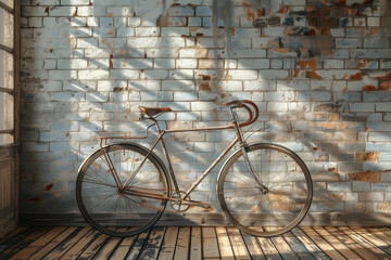 Old-fashioned bicycle leaning against a rustic wall, 3d render