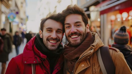 Obraz premium smiling male couple in a European pedestrian zone with a red and a brown coat