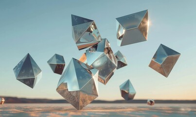 floating metallic geometric shapes in open sky
