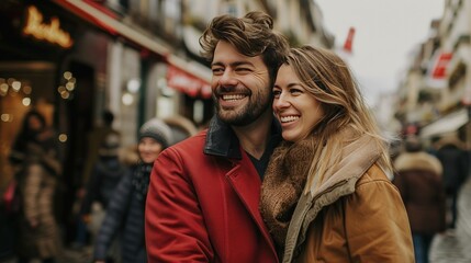 Obraz premium smiling male couple in a European pedestrian zone with a red and a brown coat