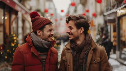 Obraz premium smiling male couple in a European pedestrian zone with a red and a brown coat