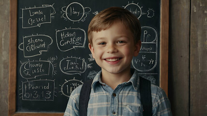 Cheerful smiling child at the blackboard, Little boy on blackboard background, child with blackboard