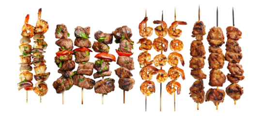 Grilled Meat, Pork and Shrimp skewers with various vegetables isolated on background, flay lay roasted street food.