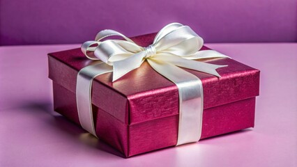 The photo shows a beautifully wrapped gift box. The box is covered in shiny red wrapping paper and tied with a white satin ribbon, forming a neat bow on top.