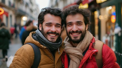 Fototapeta premium smiling male couple in a European pedestrian zone with a red and a brown coat