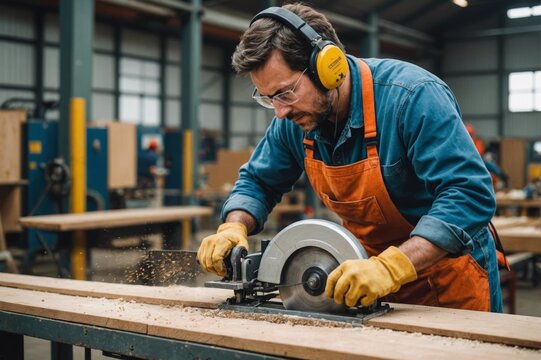 worker wearing earmuff while sawing wood in machine at factory