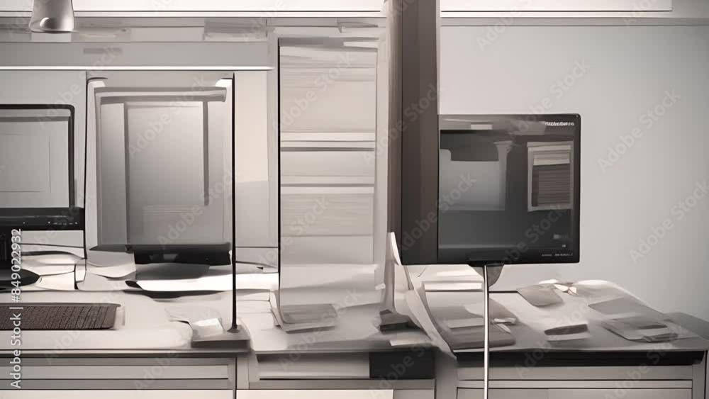 Poster desk setup with two monitors and keyboard generative ai