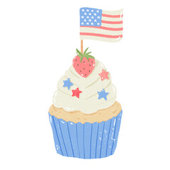 American flag Cupcake Strawberry Hand drawn Illustration Colored Pencil Crayon Style Independence Day 4th of July American Food isolated clip art elements for holiday decoration and celebration design