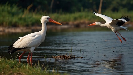 Obraz premium Stork portrait while eating a cricket on swamp water background
