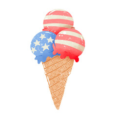 3 Ice Cream Scoops Hand drawn Illustration Colored Pencil Crayon Style Independence Day 4th of July American Food isolated clip art elements for holiday decoration and celebration design 