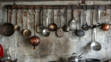A set of Thai cooking utensils hanging on a kitchen wall, including spatulas, ladles, and skimmers.