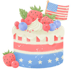 Berries Cake with American Flag Hand drawn Illustration Colored Pencil Crayon Style Independence Day 4th of July American Food isolated clip art elements for holiday decoration and celebration design 