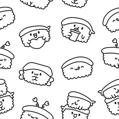 Funny kawaii sushi with cute faces. Seamless pattern. Coloring Page. Japanese traditional cuisine dishes characters. Hand drawn style. Vector drawing. Design ornaments.