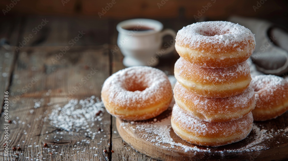 Poster A stack of powdered sugar donuts on a rustic wooden table, perfect for a cozy brunch setting.