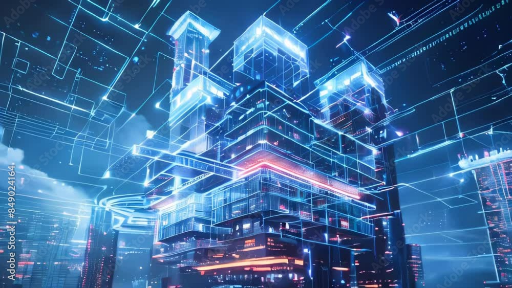 Wall mural generic wireframe modern 3d architecture hologram simulation