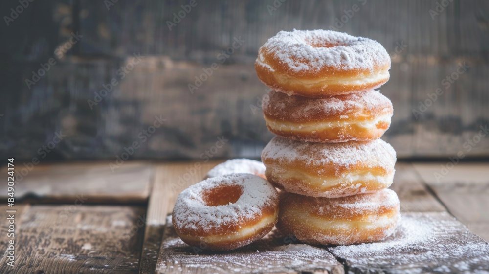 Poster A stack of powdered sugar donuts on a rustic wooden table, perfect for a cozy brunch setting.