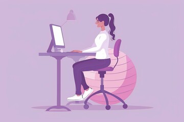 Woman Working at Desk with Computer, Modern Office Setup