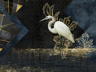 White heron on the lake with golden elements. Illustration for wallpaper, poster, card, decoration. © lucja_lusilas.pl