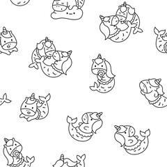 Cute kawaii unicorn mermaid. Seamless pattern. Coloring Page. Fantasy cartoon characters. Hand drawn style. Vector drawing. Design ornaments.