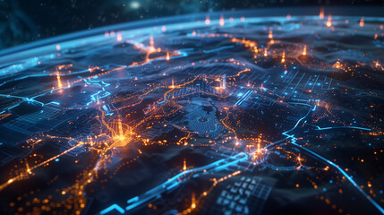Connecting Multiple Cities on a Virtual Map with Blue Tech Feel, Featuring Technology Lines and Light Effects for a Futuristic Digital Network Concept