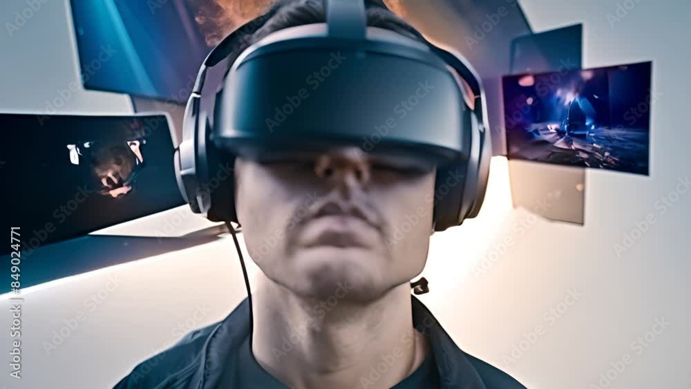 Poster man experiencing virtual reality with screens in background generative ai
