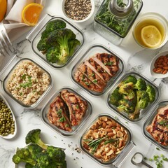 A flat lay image of a meal prep scene, featuring pre-portioned containers of grilled pork chops with quinoa, steamed broccoli, and a side of mixed nuts. The containers are neatly arranged on a marble 