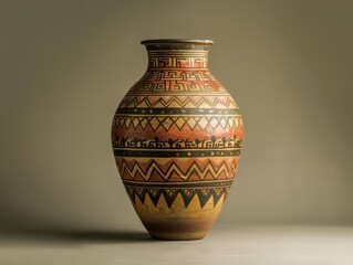 A graceful ceramic vessel from the Indus Valley civilization, adorned with intricate geometric patterns and stylized motifs. The earthy tones of ochre and terracotta complement the vessel's elegant 