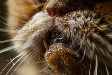 Obraz premium Persian cat's mouth, captured in high-definition detail, revealing a row of broken and decayed teeth. Drops of saliva hang from its gums, giving the impression of a creature on the brink of death.