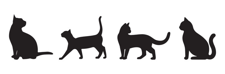 Set of black silhouette cats in different poses. Vector illustration isolated on white background. 