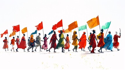 3D cartoon artwork of a parade celebrating International Day for the Remembrance of the Slave Trade and its Abolition with banners and flags, white background