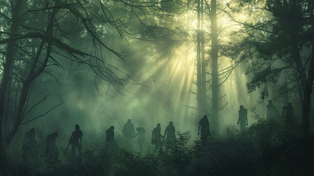 A group of zombies emerging from a dense, foggy forest at dawn, the sunlight piercing through the trees in rays. Their silhouettes are backlit, creating a mysterious and almost ethereal glow. 
