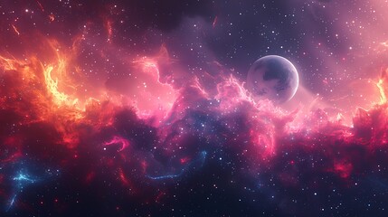Space theme with elliptical orbits, vibrant neon colors, dark cosmic background, planets and comets, hd quality, digital art, high contrast, geometric precision, modern design, artistic composition