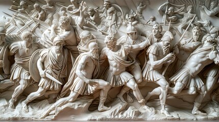 A marble relief depicting a scene from the Battle of Cannae, where Hannibal's forces achieved a decisive victory over the Roman army. The intricate carving captures the chaos of combat, with soldiers 